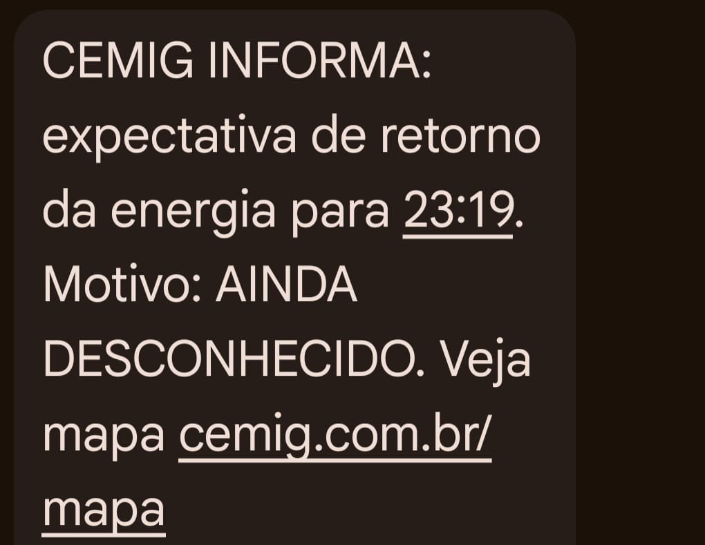 SMS da Cemig com expectativa de retorno da energia para 23h19 e motivo ainda desconhecido
